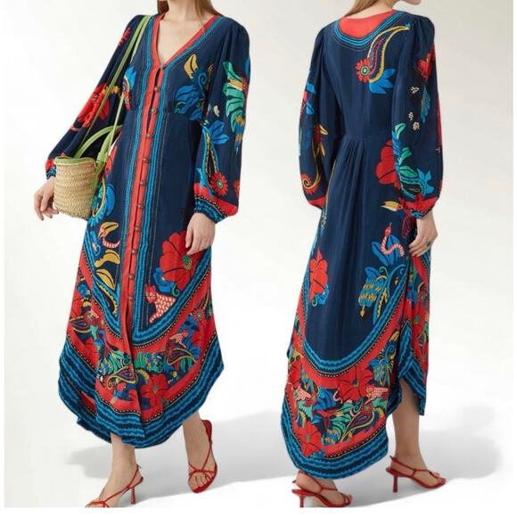 NWT FARM Rio Blue Vintage Forest Dress Printed Blue Silky Viscose Size XL - Picture 2 of 16